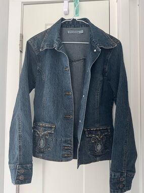 Dark Wash Tailored Denim Jean Jacket Embroidered Pocket Western Y2K
